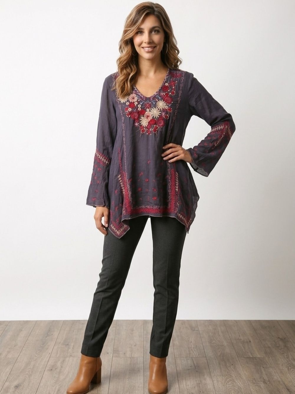 JJohnny Was Plum Purple Floral Embroidered Peasant Tunic Top S